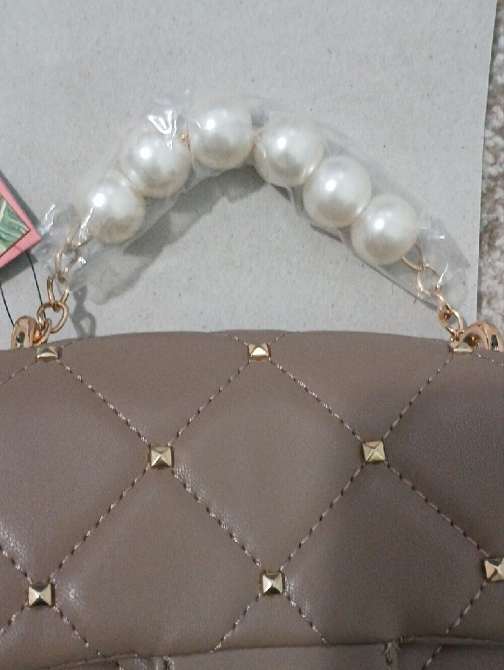 Badgley Mischka Taupe Quilted Crossbody Bag with Pearl Handle - Picture 5 of 9